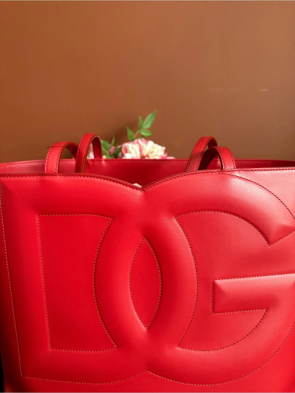 Authentic Dolce & Gabbana Bold Red Embossed Logo Leather big shopping Tote